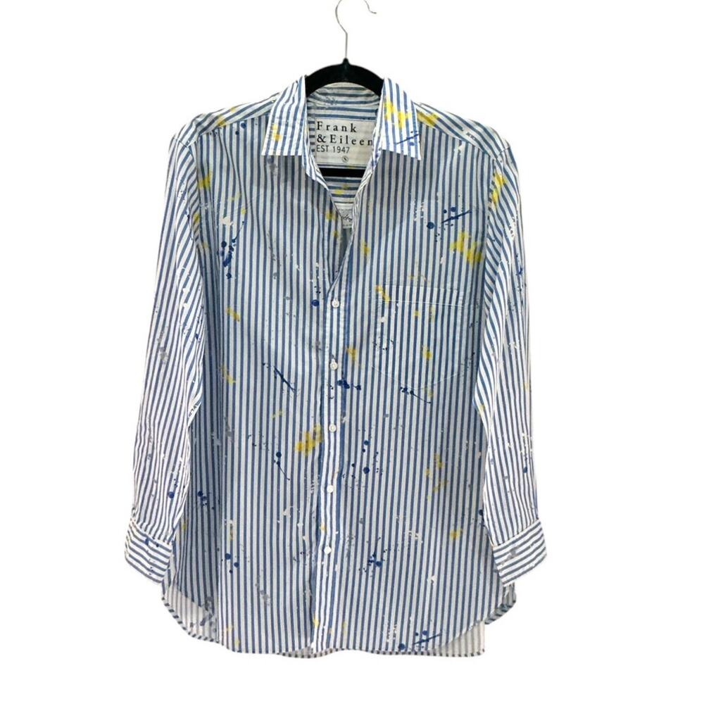 Frank &‎ Eileen Joedy Paint Splatter Blue Stripe Relaxed Button-Up Shirt Small - Picture 6 of 14